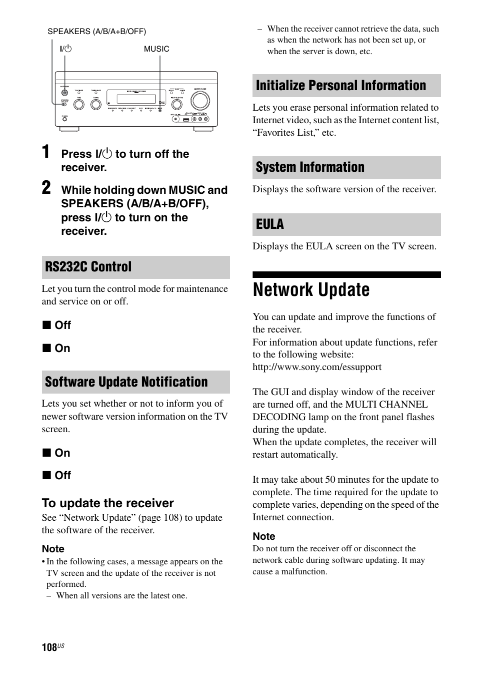 Network update, Rs232c control software update notification | Sony STR-DA3700ES User Manual | Page 108 / 146