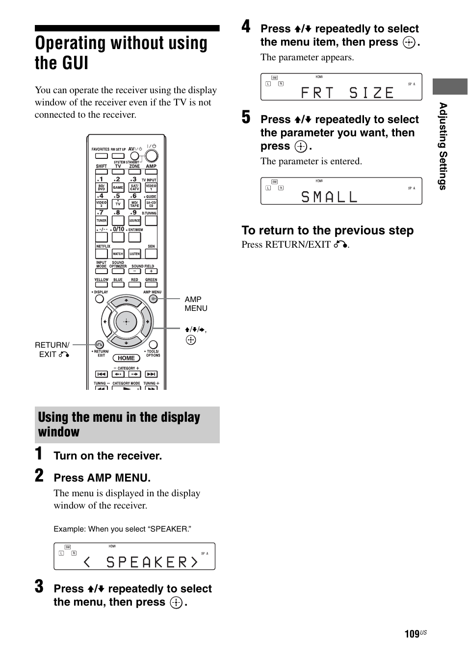 Operating without using the gui, Using the menu in the display window | Sony STR-DA3700ES User Manual | Page 109 / 146