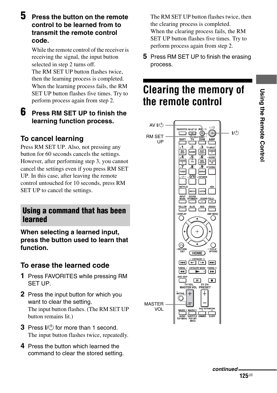 Clearing the memory of the remote control, Clearing the memory of the remote, Control | Using a command that has been learned | Sony STR-DA3700ES User Manual | Page 125 / 146