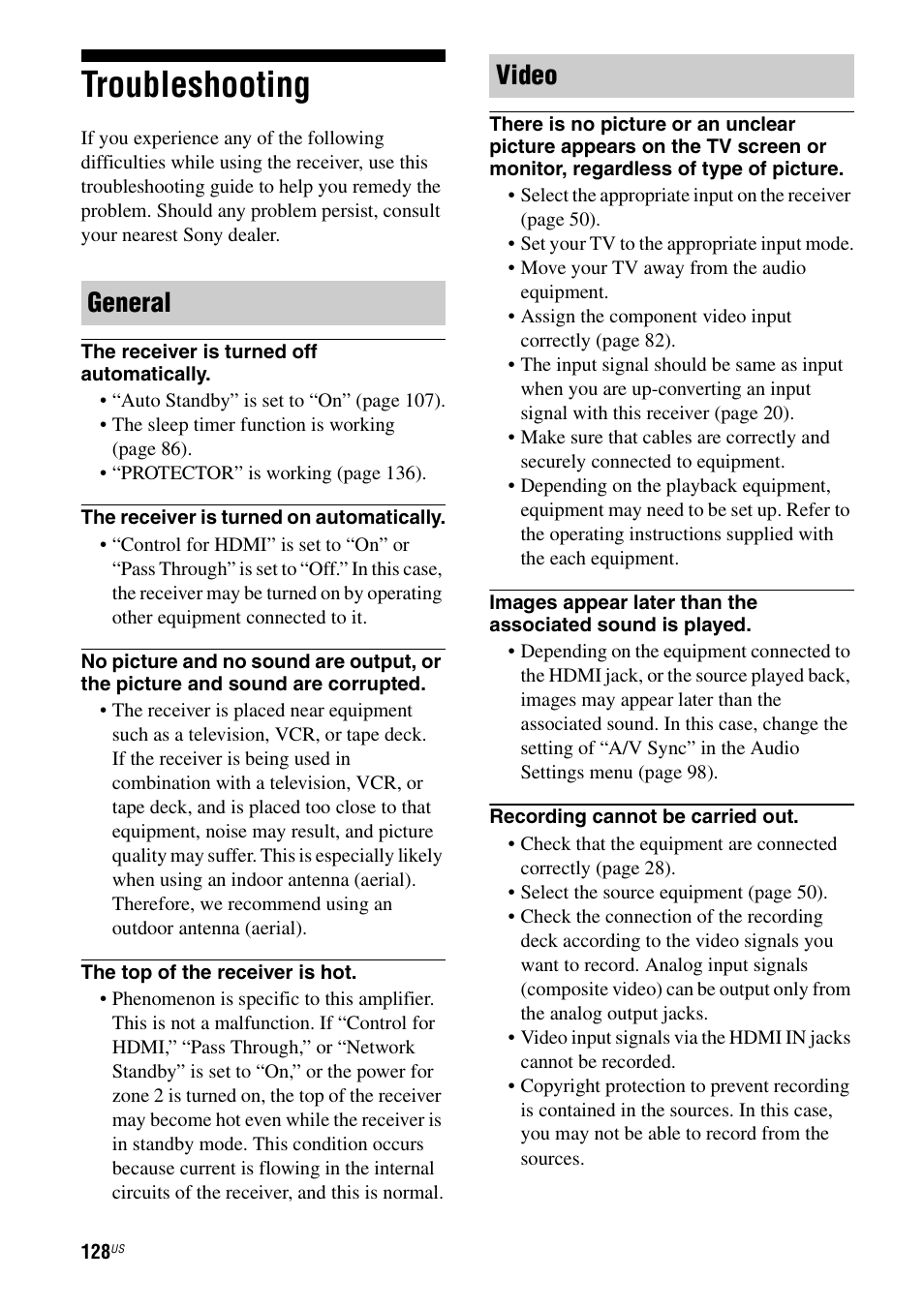 Troubleshooting, General video | Sony STR-DA3700ES User Manual | Page 128 / 146