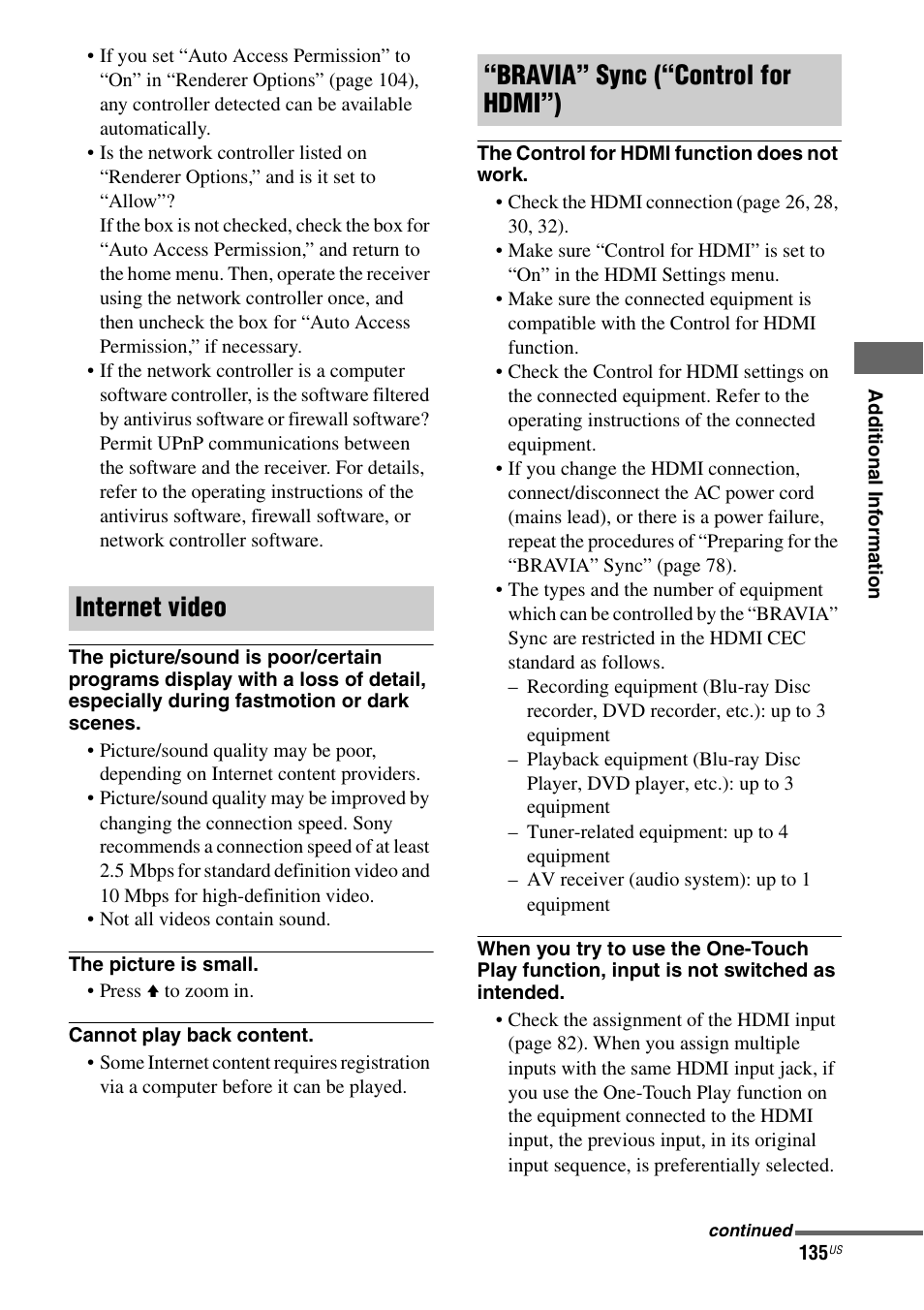 Internet video “bravia” sync (“control for hdmi”) | Sony STR-DA3700ES User Manual | Page 135 / 146