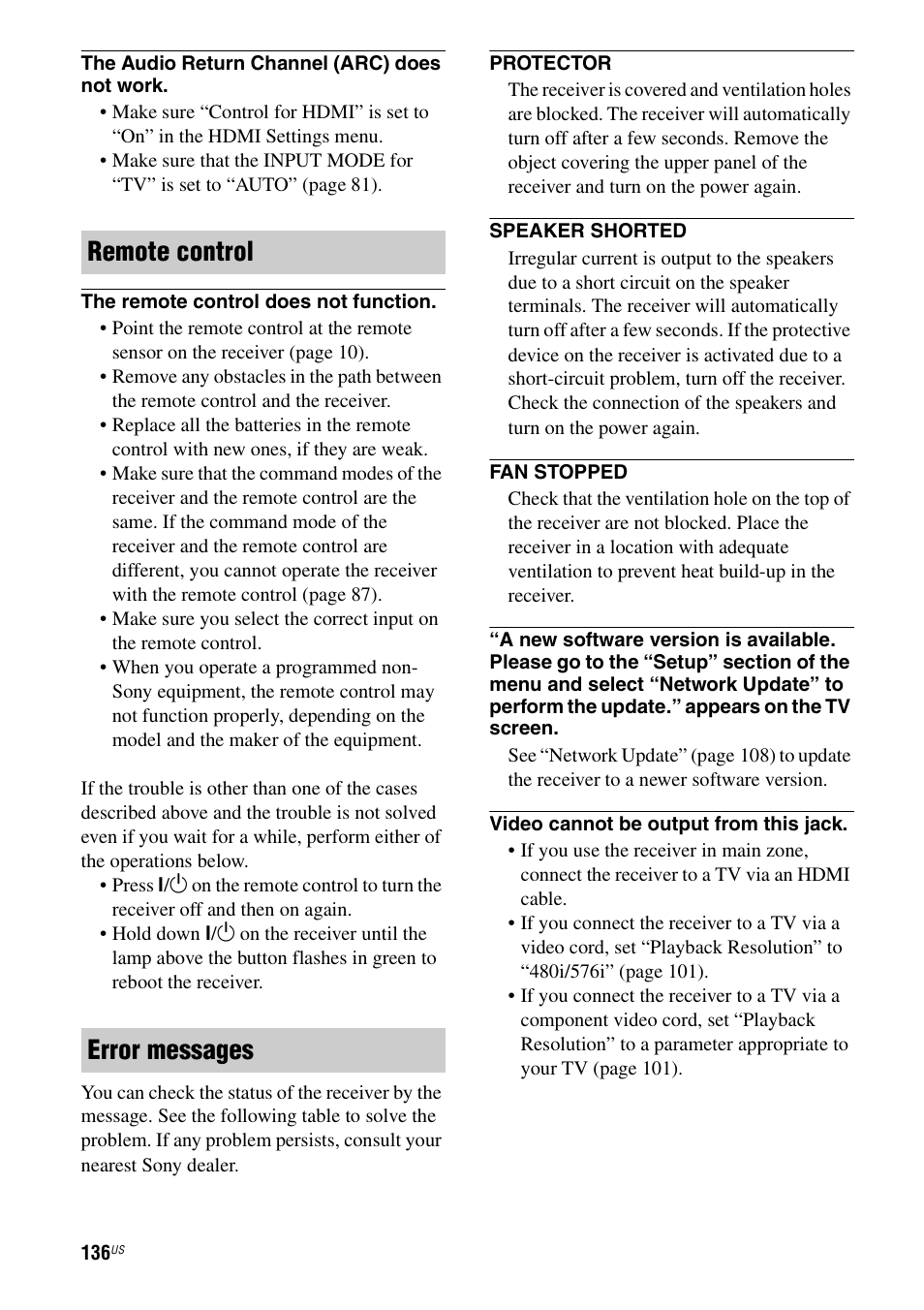 Remote control error messages | Sony STR-DA3700ES User Manual | Page 136 / 146