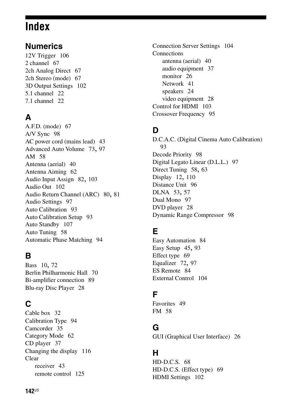 Index, Numerics | Sony STR-DA3700ES User Manual | Page 142 / 146