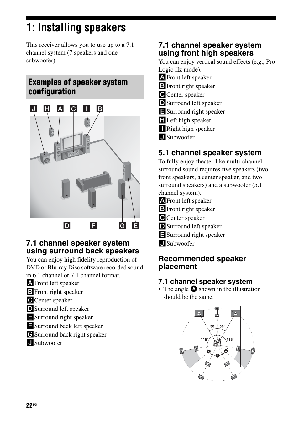 Installing speakers, Examples of speaker system configuration | Sony STR-DA3700ES User Manual | Page 22 / 146