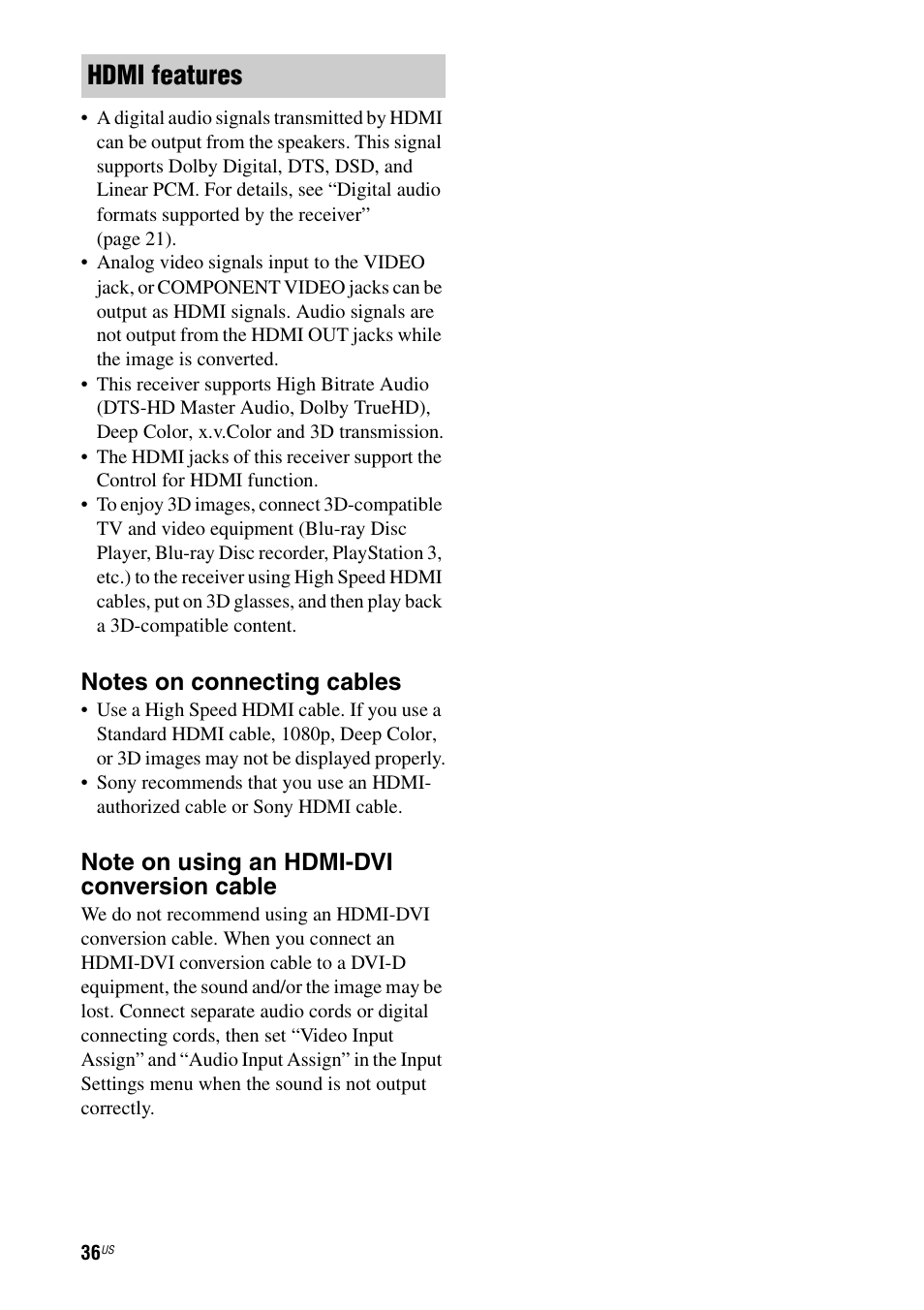 Hdmi features | Sony STR-DA3700ES User Manual | Page 36 / 146