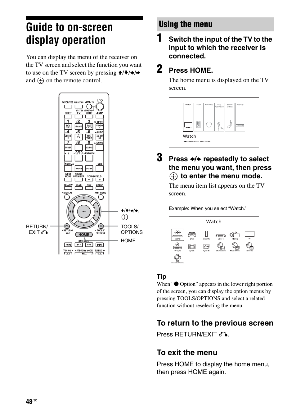 Guide to on-screen display operation, Using the menu | Sony STR-DA3700ES User Manual | Page 48 / 146