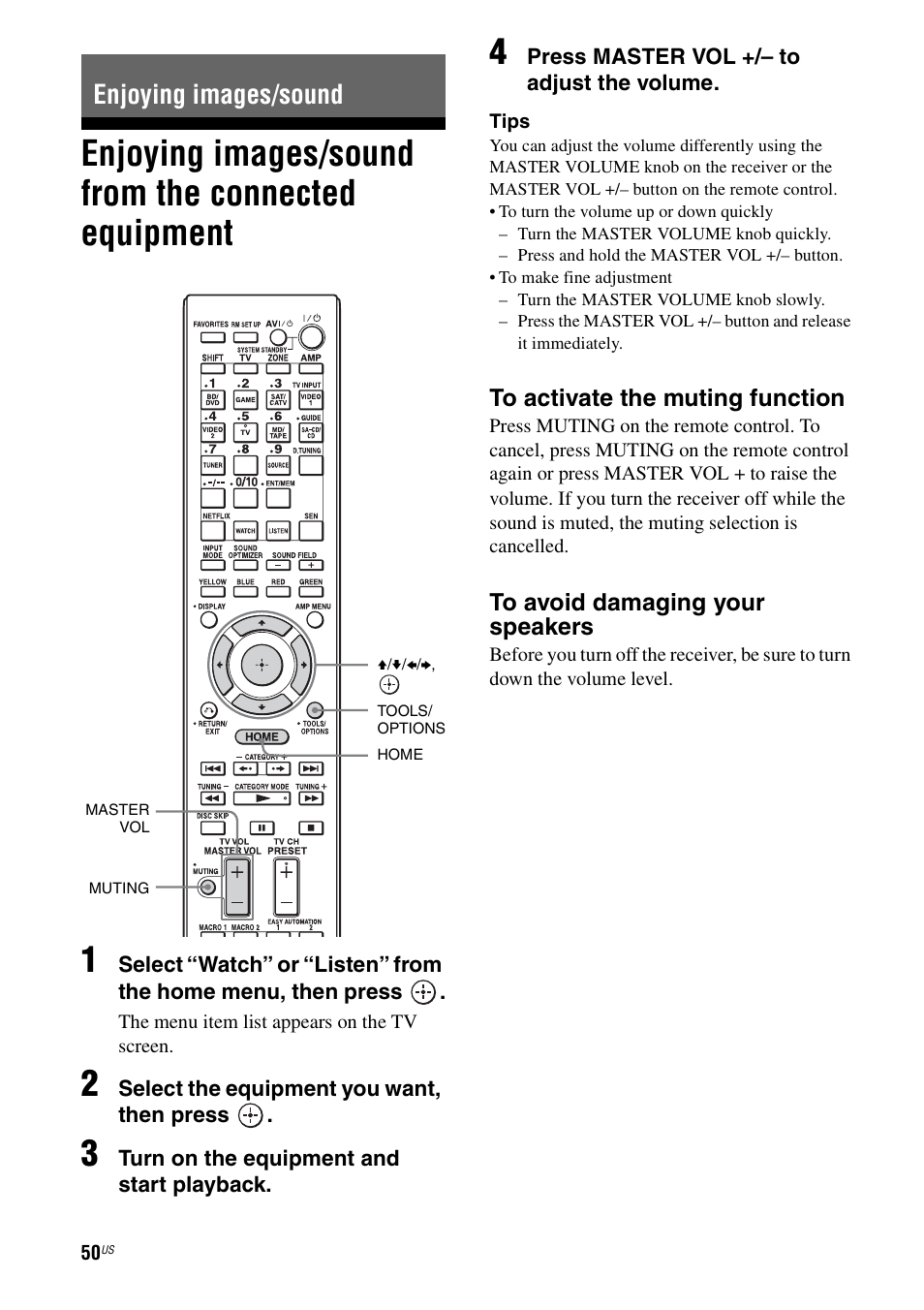Enjoying images/sound, Enjoying images/sound from the connected equipment, Enjoying images/sound from the connected | Equipment | Sony STR-DA3700ES User Manual | Page 50 / 146