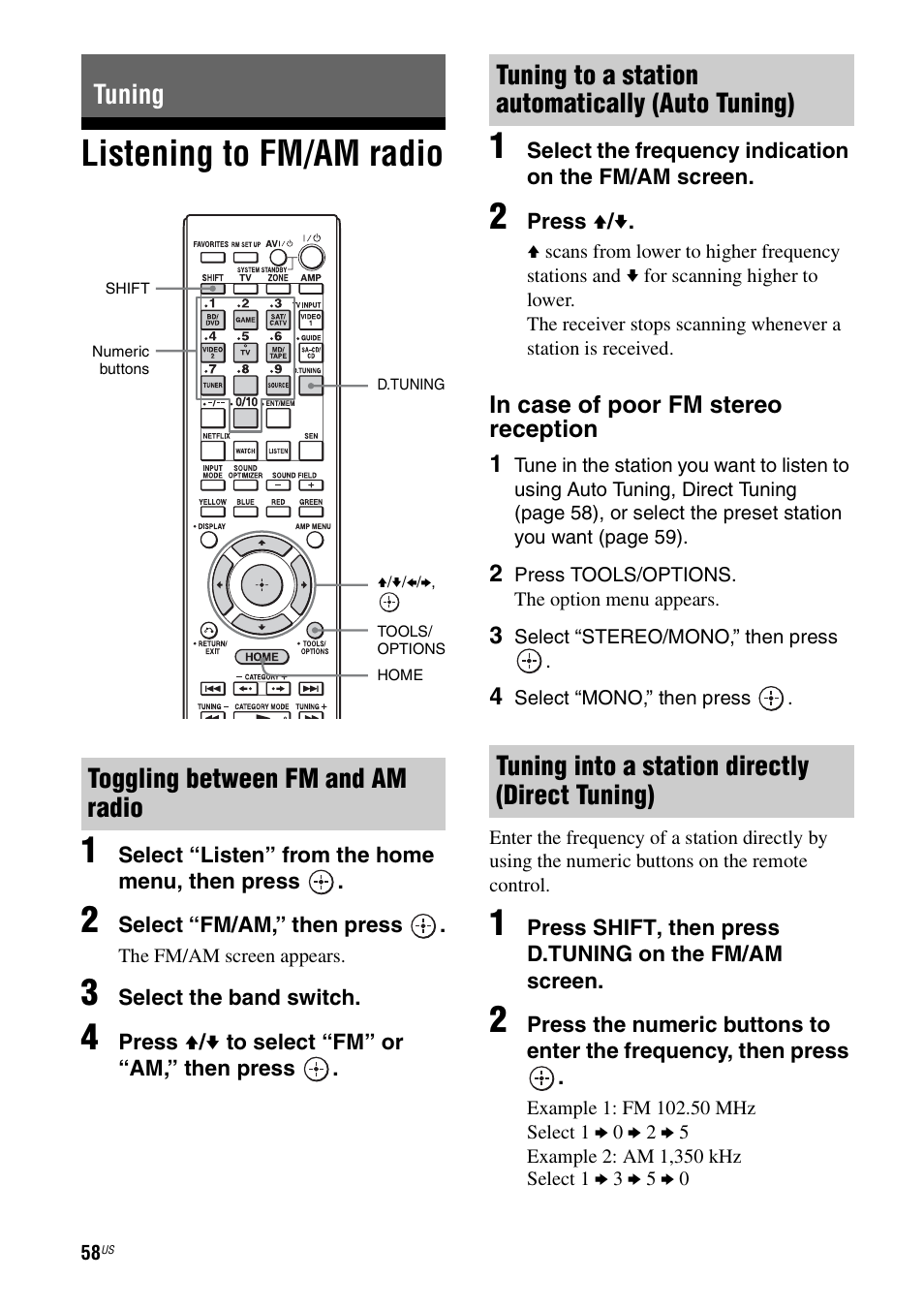 Tuning, Listening to fm/am radio, Listening to fm/am radio 1 | Tuning toggling between fm and am radio | Sony STR-DA3700ES User Manual | Page 58 / 146
