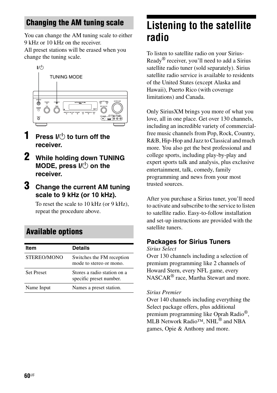 Listening to the satellite radio, Changing the am tuning scale available options | Sony STR-DA3700ES User Manual | Page 60 / 146