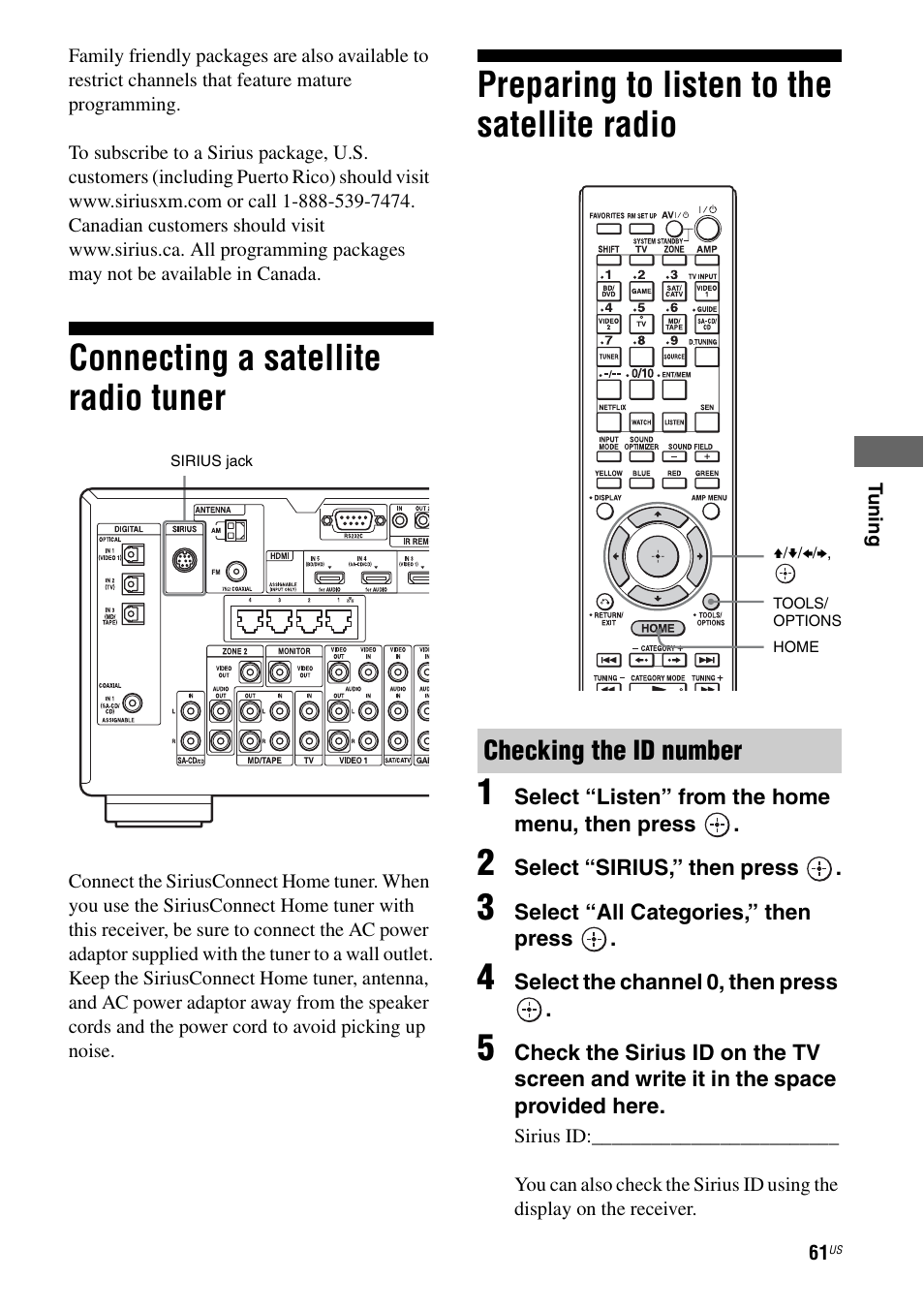 Connecting a satellite radio tuner, Preparing to listen to the satellite radio, Preparing to listen to the satellite radio 1 | Checking the id number | Sony STR-DA3700ES User Manual | Page 61 / 146
