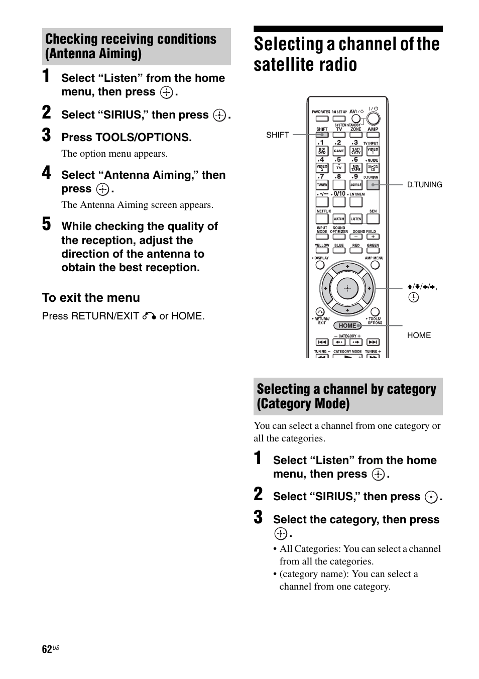 Selecting a channel of the satellite radio | Sony STR-DA3700ES User Manual | Page 62 / 146