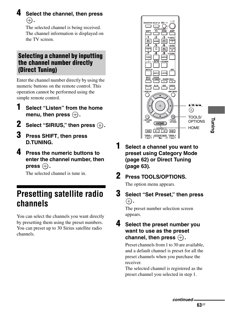 Presetting satellite radio channels | Sony STR-DA3700ES User Manual | Page 63 / 146