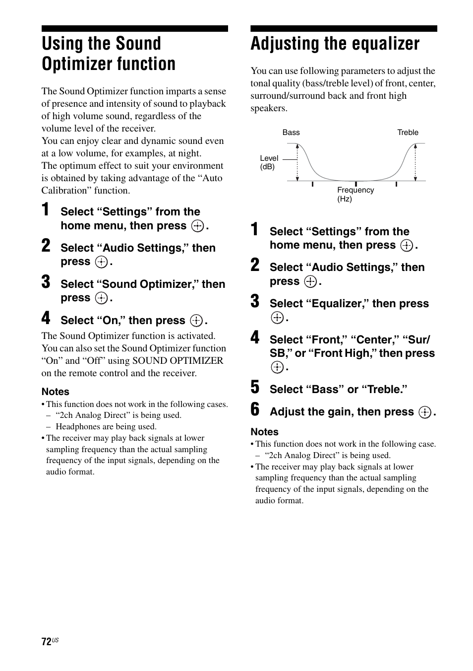 Using the sound optimizer function, Adjusting the equalizer | Sony STR-DA3700ES User Manual | Page 72 / 146