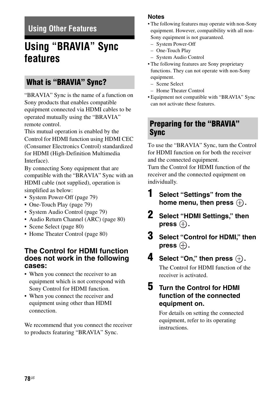 Using other features, Using “bravia” sync features | Sony STR-DA3700ES User Manual | Page 78 / 146