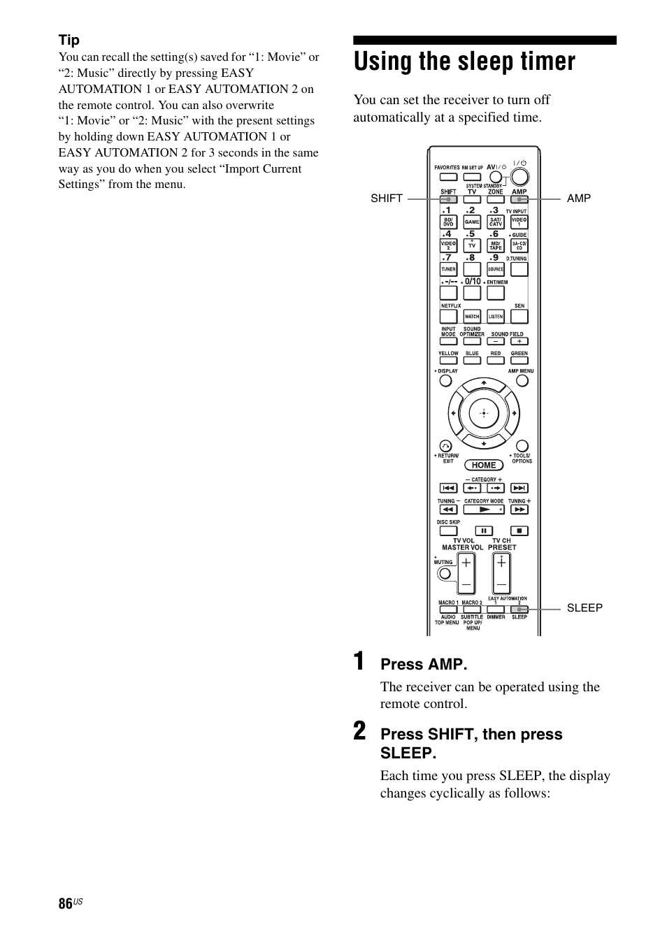 Using the sleep timer | Sony STR-DA3700ES User Manual | Page 86 / 146