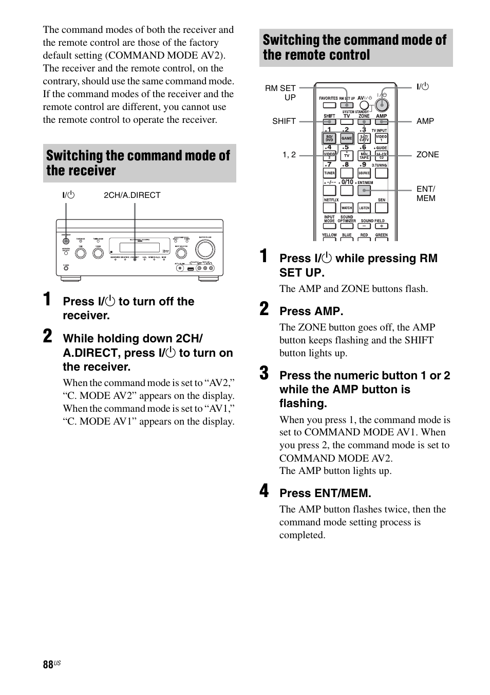 Switching the command mode of the receiver, Switching the command mode of the remote control | Sony STR-DA3700ES User Manual | Page 88 / 146