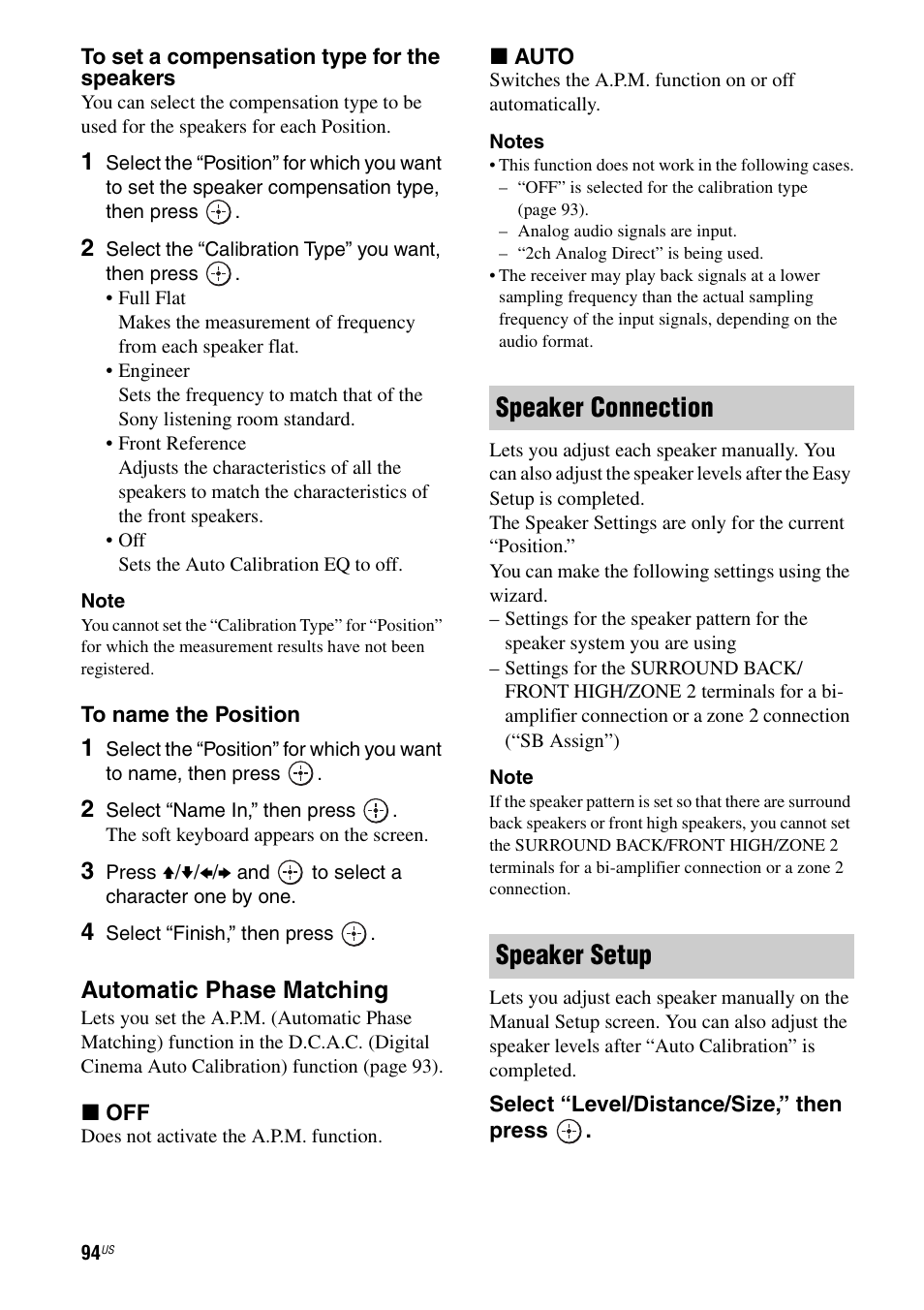 Speaker connection speaker setup, Automatic phase matching | Sony STR-DA3700ES User Manual | Page 94 / 146
