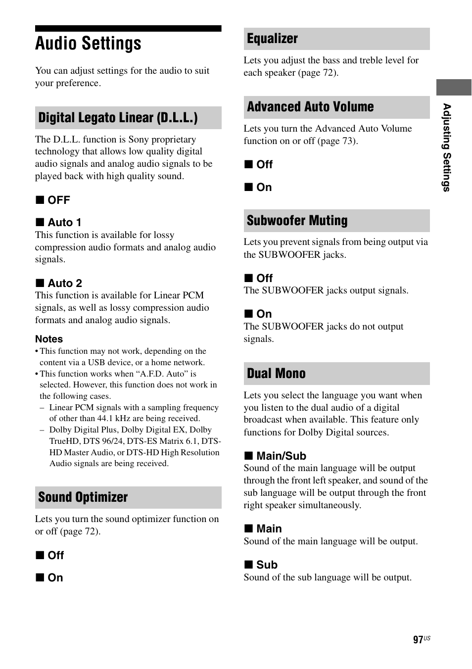 Audio settings | Sony STR-DA3700ES User Manual | Page 97 / 146