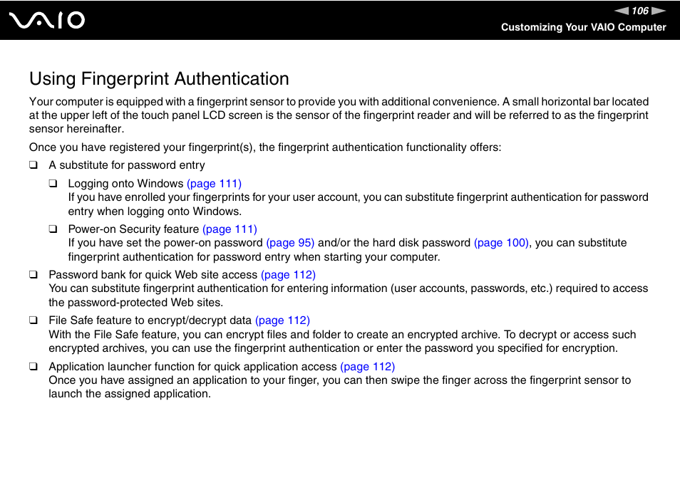 Using fingerprint authentication | Sony VGN-UX490N User Manual | Page 106 / 196