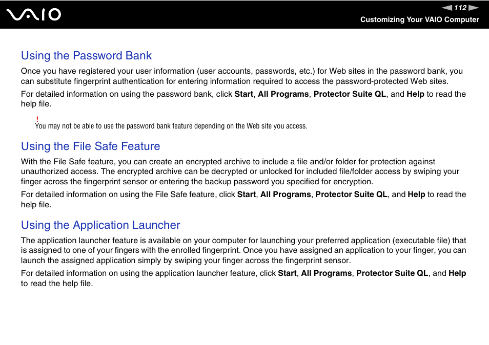 Using the password bank, Using the file safe feature, Using the application launcher | Sony VGN-UX490N User Manual | Page 112 / 196