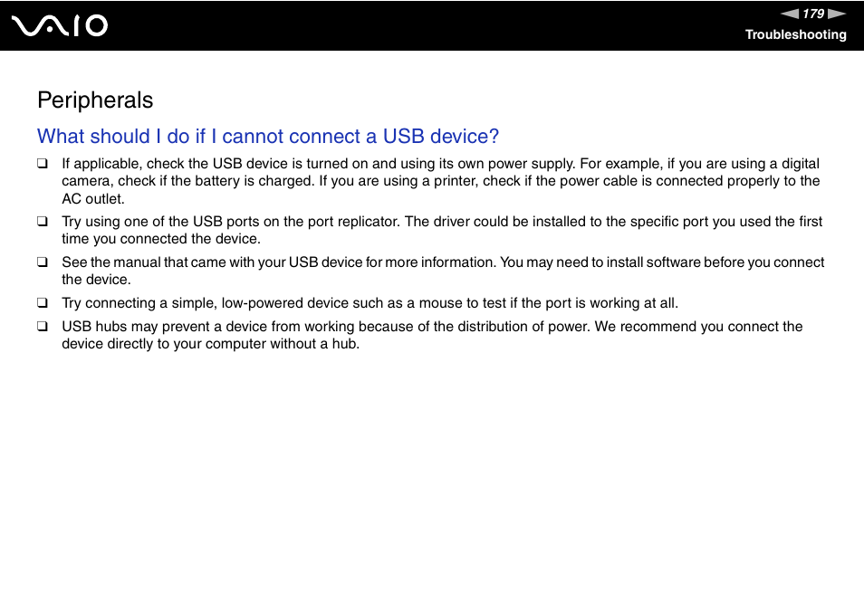 Peripherals, What should i do if i cannot connect a usb device | Sony VGN-UX490N User Manual | Page 179 / 196