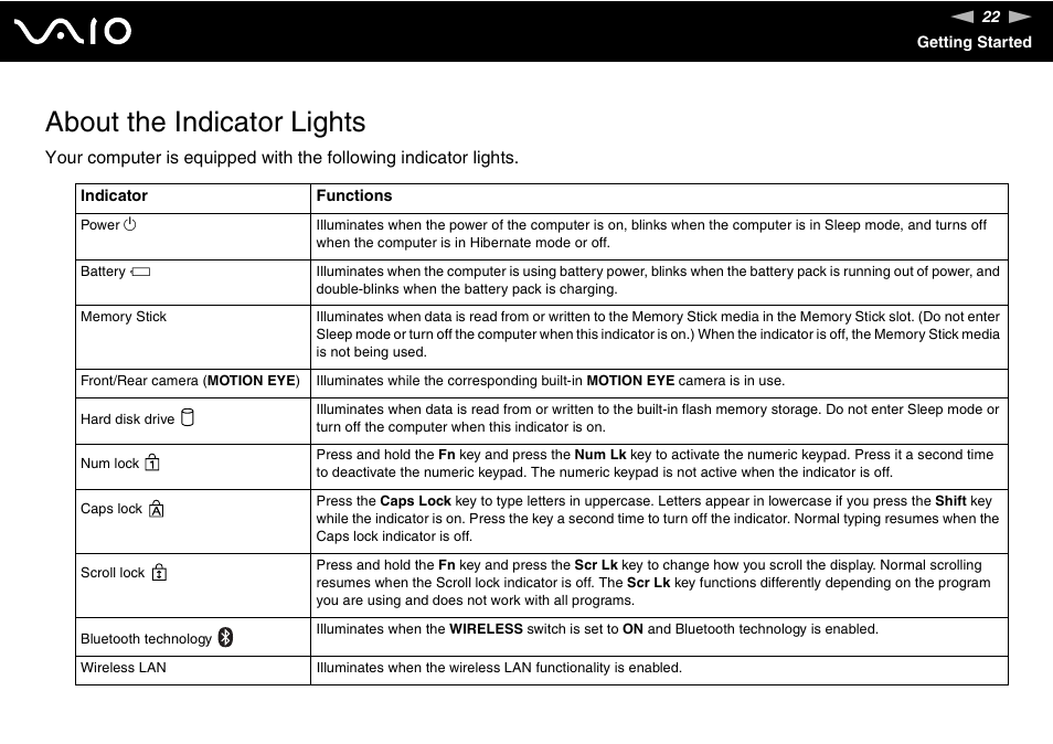 About the indicator lights | Sony VGN-UX490N User Manual | Page 22 / 196