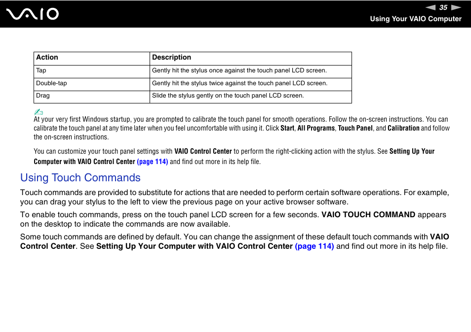 Using touch commands | Sony VGN-UX490N User Manual | Page 35 / 196