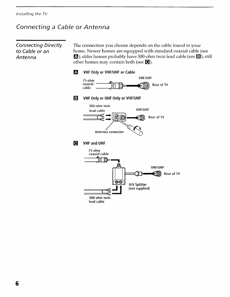 Connecting a cable or antenna | Sony KV-36XBR400 User Manual | Page 10 / 54