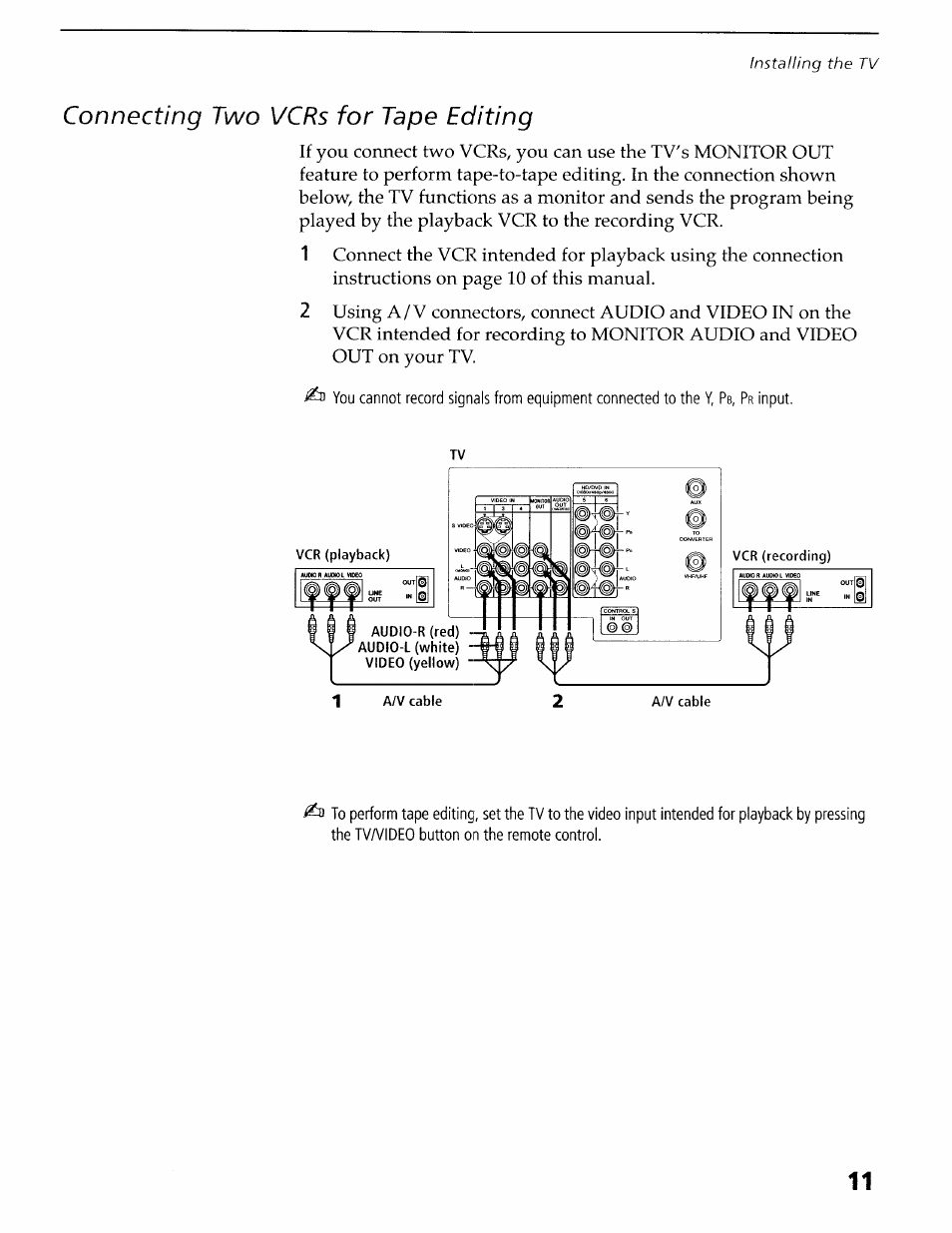 Connecting two vcrs for tape editing | Sony KV-36XBR400 User Manual | Page 15 / 54