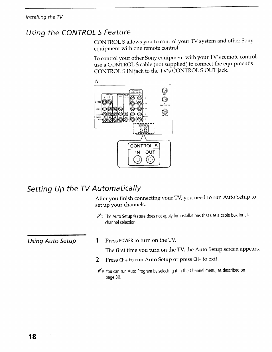 Setting up the tv automatically, Using the control s feature | Sony KV-36XBR400 User Manual | Page 22 / 54