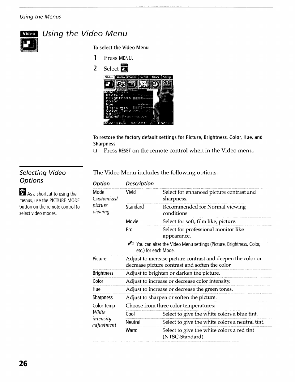 Using the video menu, Selecting video, Options | Sony KV-36XBR400 User Manual | Page 29 / 54