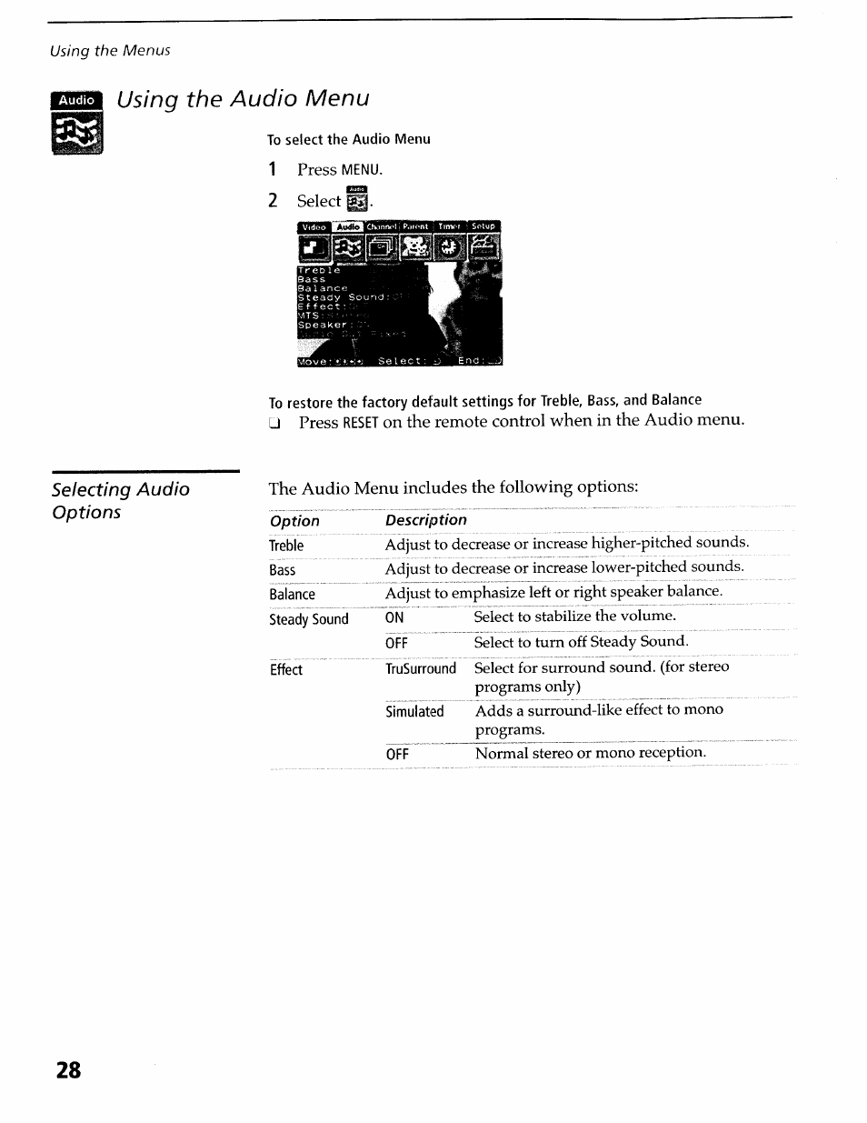 Using the audio menu | Sony KV-36XBR400 User Manual | Page 31 / 54