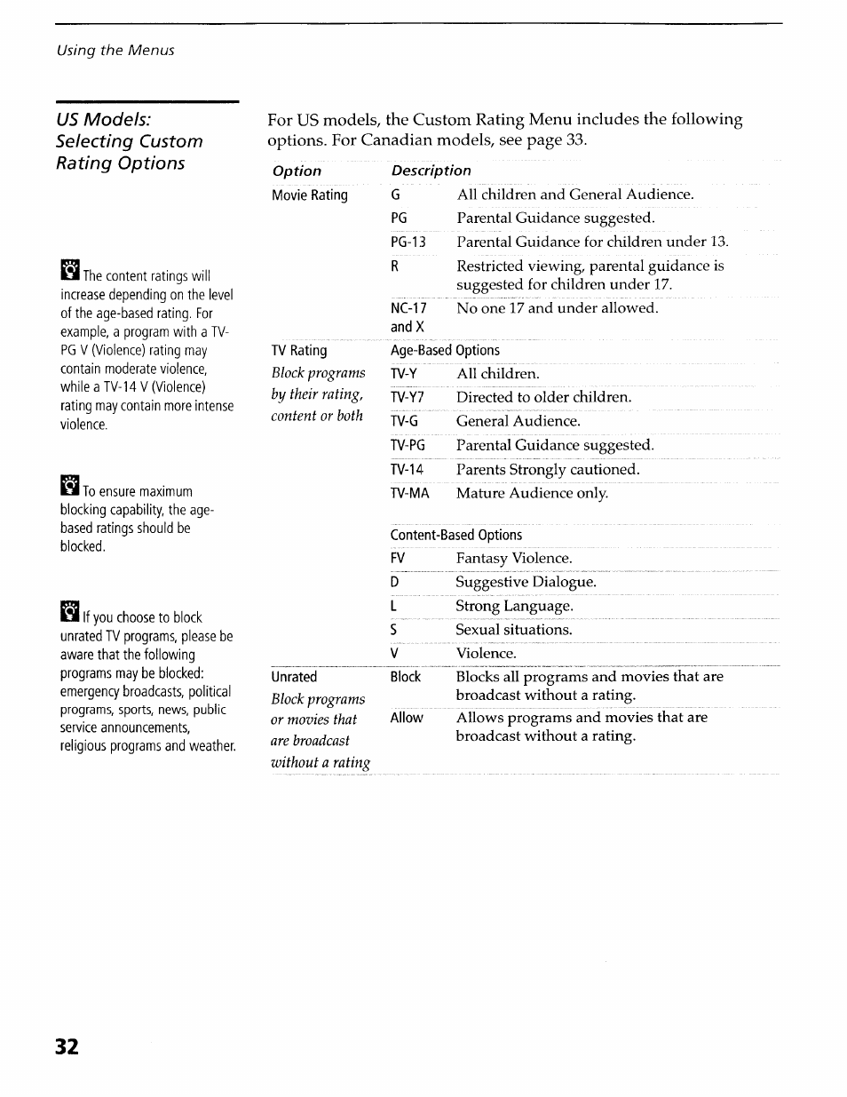 Us models: selecting custom rating options | Sony KV-36XBR400 User Manual | Page 35 / 54