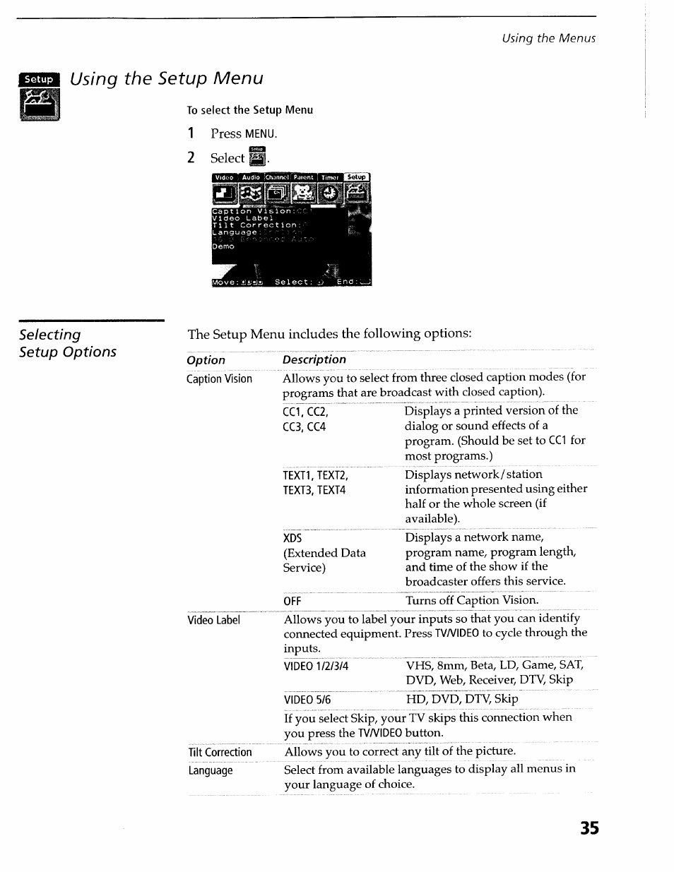 Using the setup menu | Sony KV-36XBR400 User Manual | Page 38 / 54