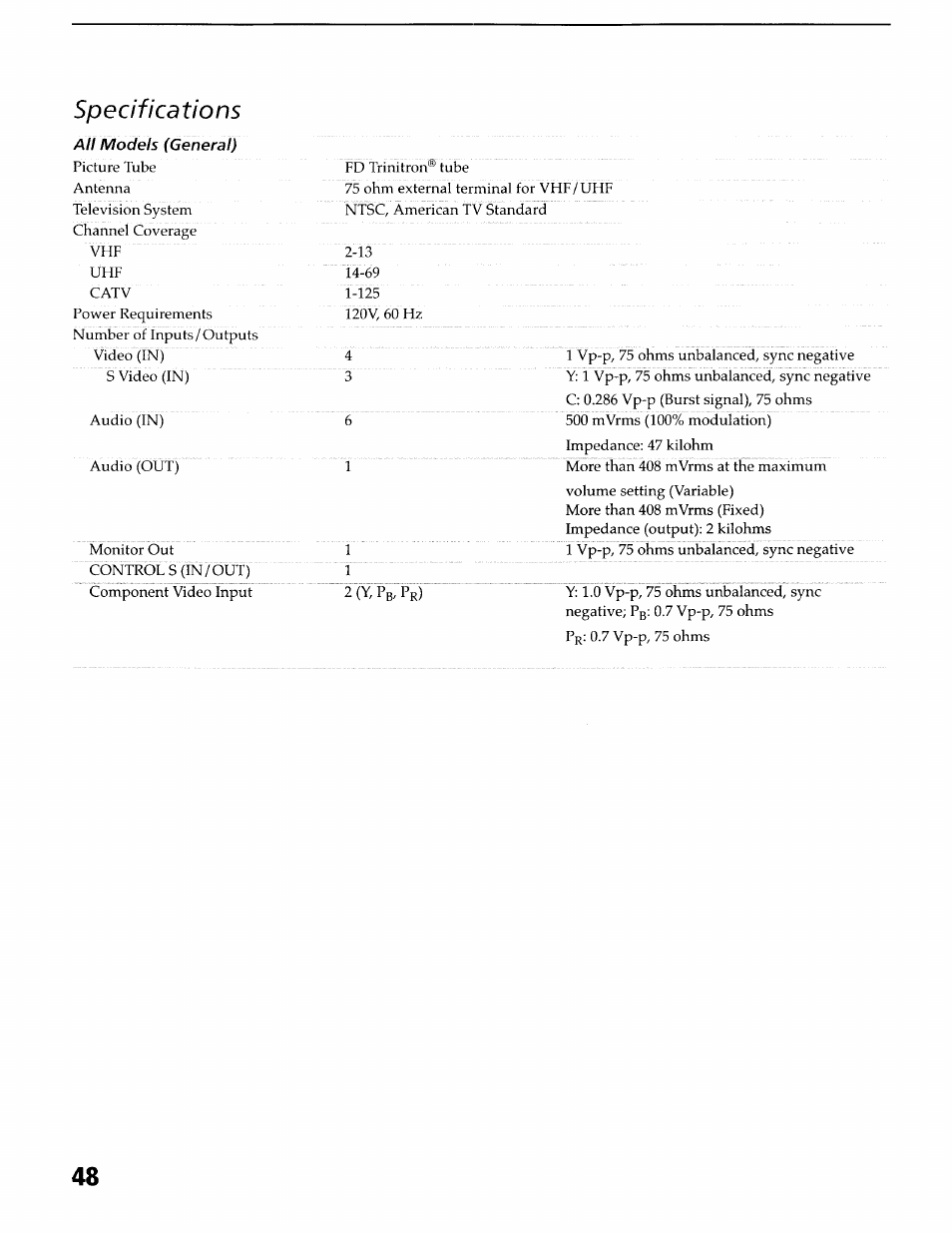 Specifications | Sony KV-36XBR400 User Manual | Page 51 / 54