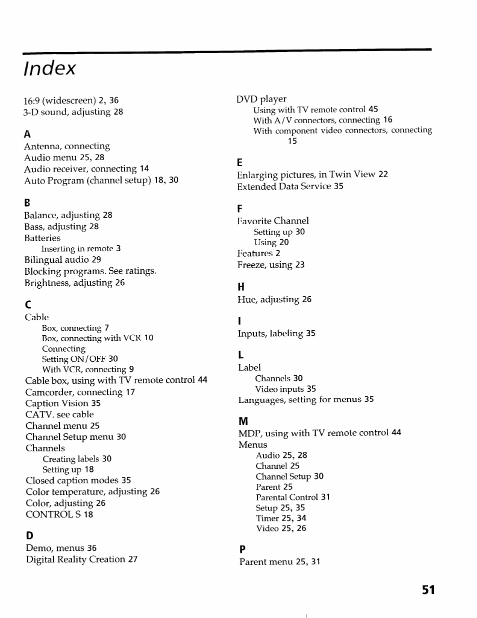 Index | Sony KV-36XBR400 User Manual | Page 53 / 54