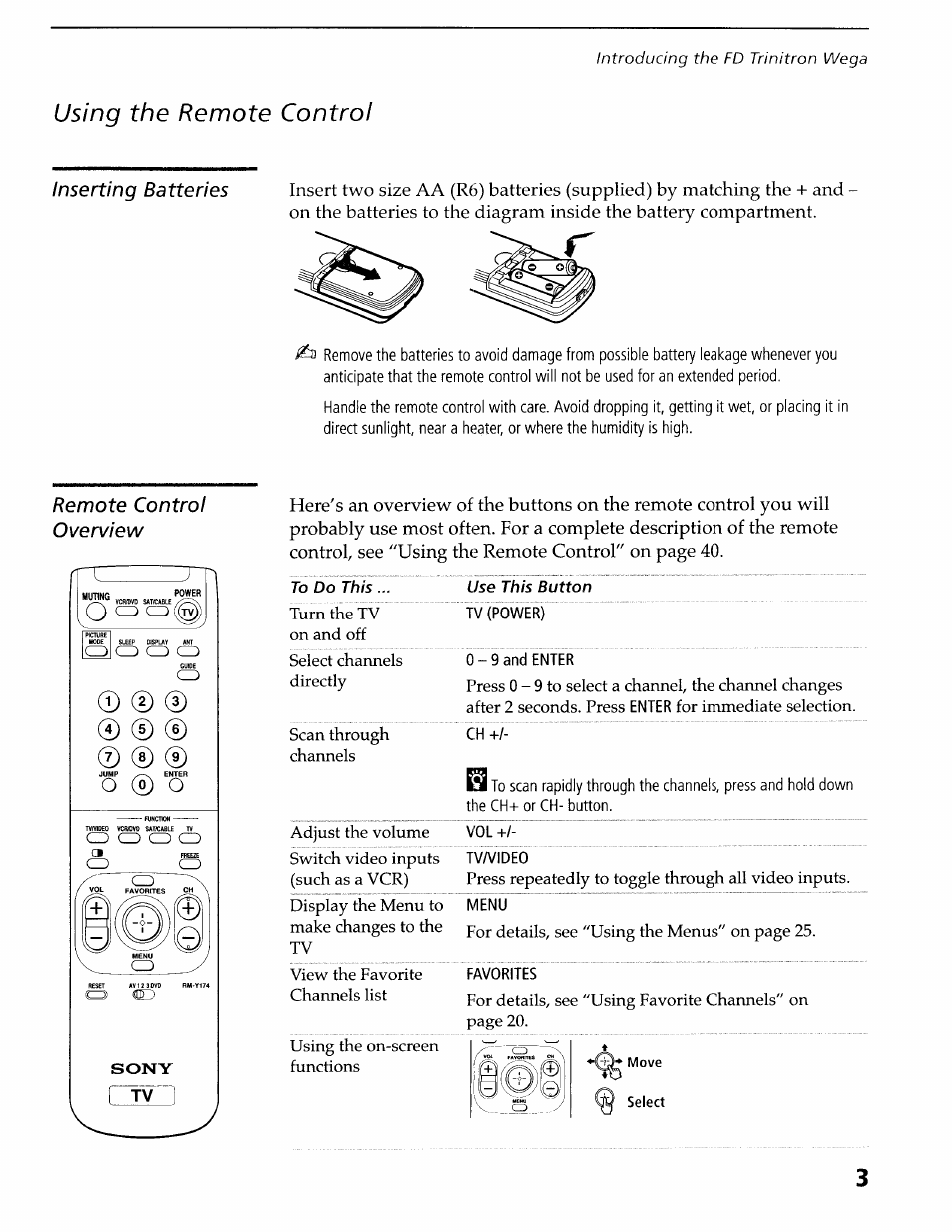 Using the remote control, Inserting batteries, Remote control overview | Sony KV-36XBR400 User Manual | Page 8 / 54