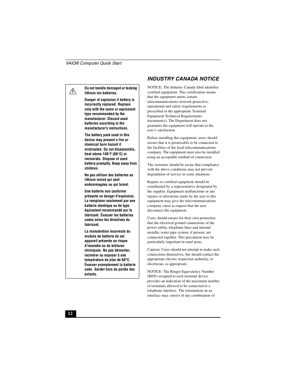Industry canada notice | Sony PCG-GRX700P User Manual | Page 12 / 68