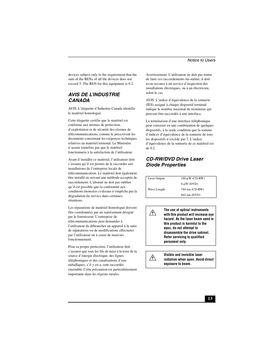 Avis de l’industrie canada, Cd-rw/dvd drive laser diode properties | Sony PCG-GRX700P User Manual | Page 13 / 68