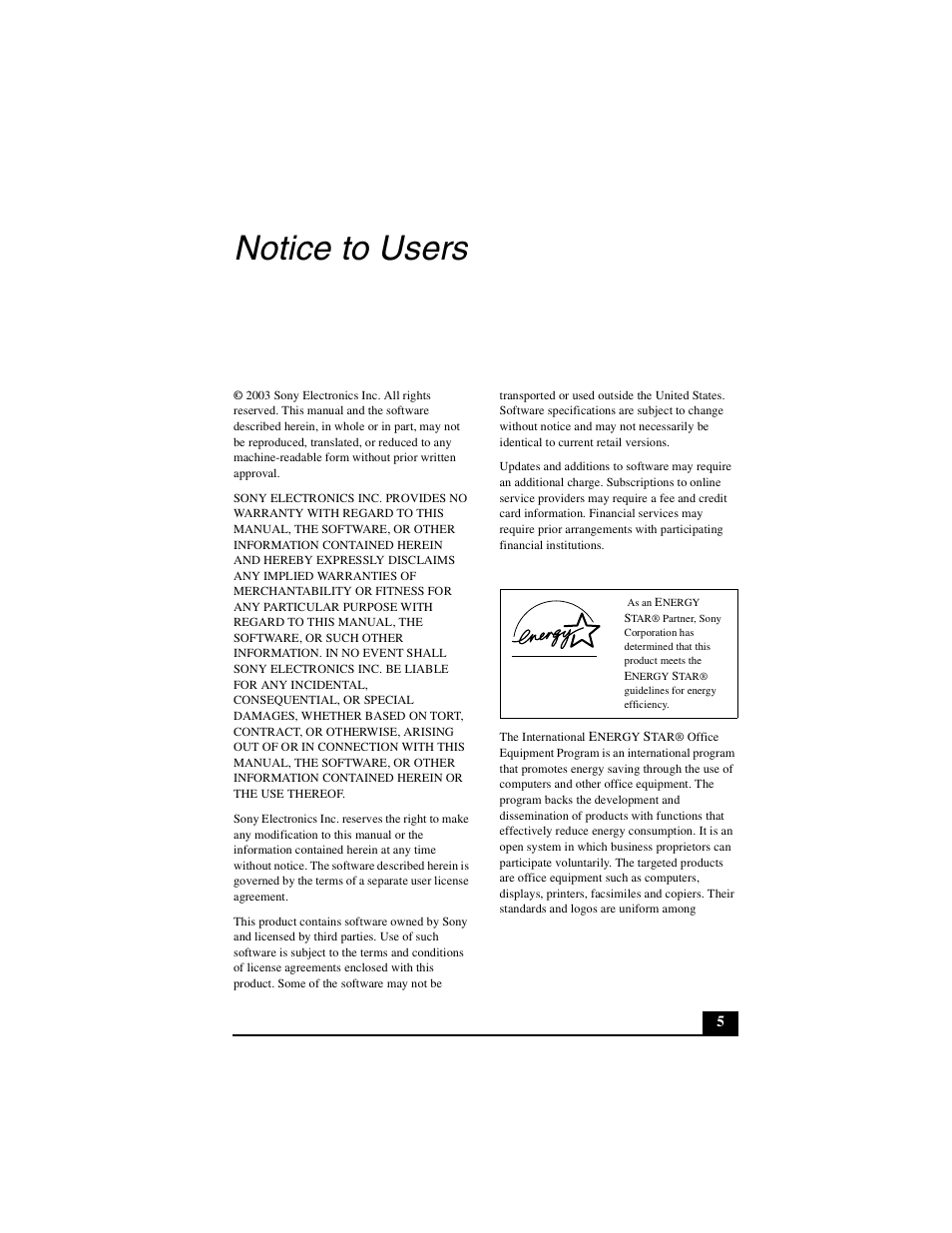 Notice to users | Sony PCG-GRX700P User Manual | Page 5 / 68