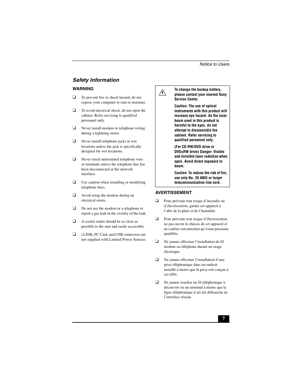 Safety information | Sony PCG-GRX700P User Manual | Page 7 / 68