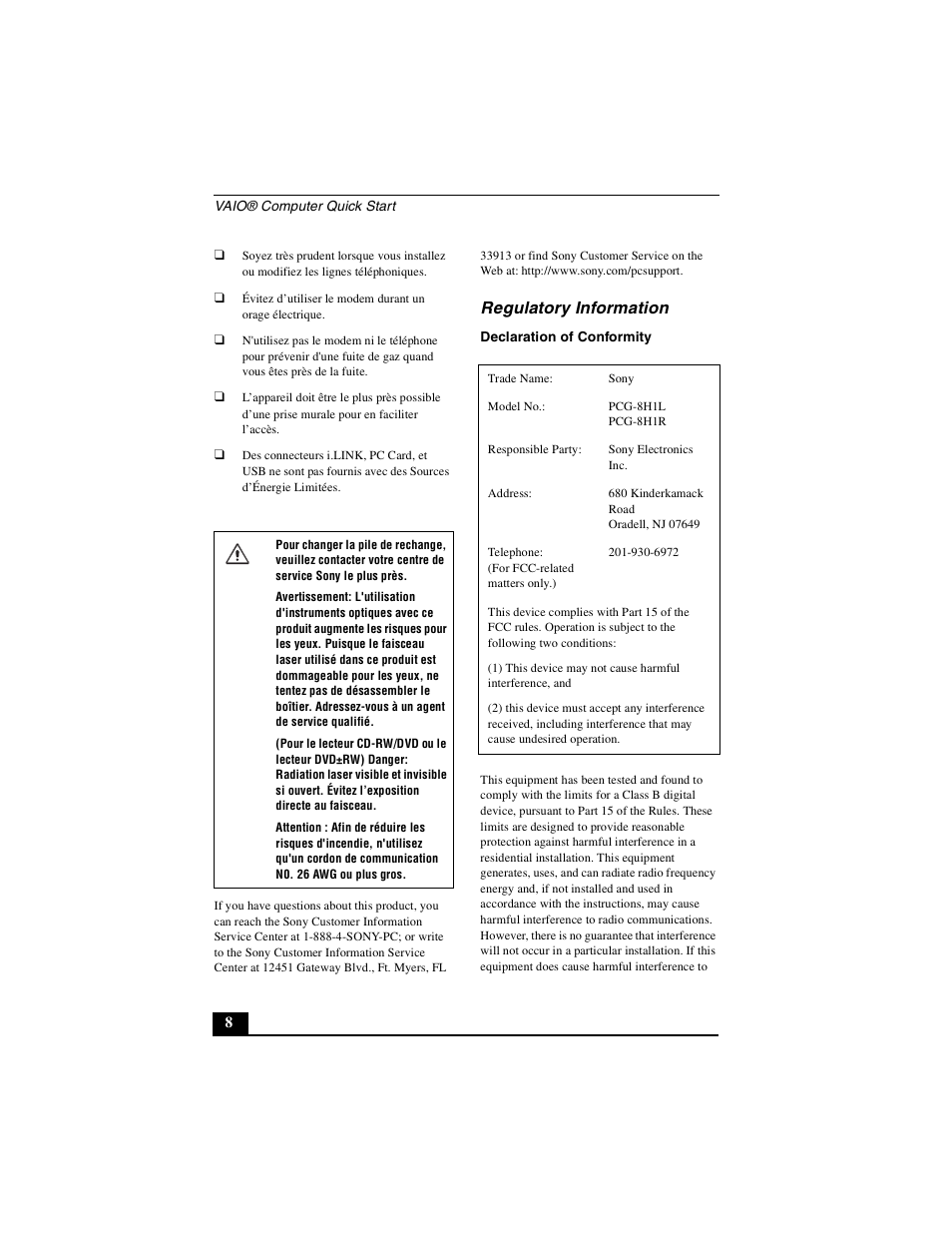 Regulatory information | Sony PCG-GRX700P User Manual | Page 8 / 68