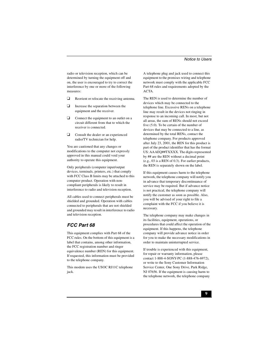 Fcc part 68 | Sony PCG-GRX700P User Manual | Page 9 / 68