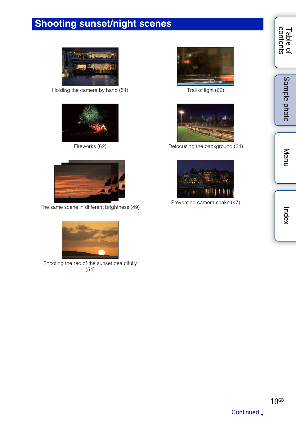 Shooting sunset/night scenes (p, E 10) | Sony NEX-5NK User Manual | Page 10 / 200