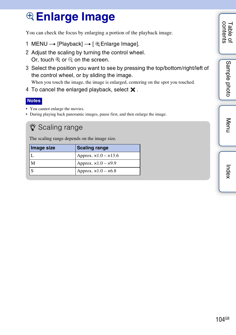 Enlarge image, Scaling range | Sony NEX-5NK User Manual | Page 104 / 200