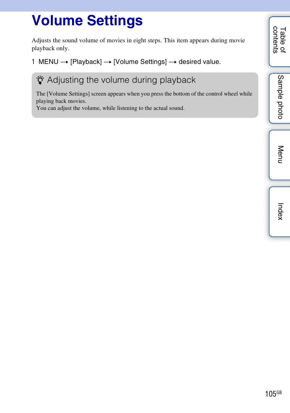 Volume settings, Adjusting the volume during playback | Sony NEX-5NK User Manual | Page 105 / 200