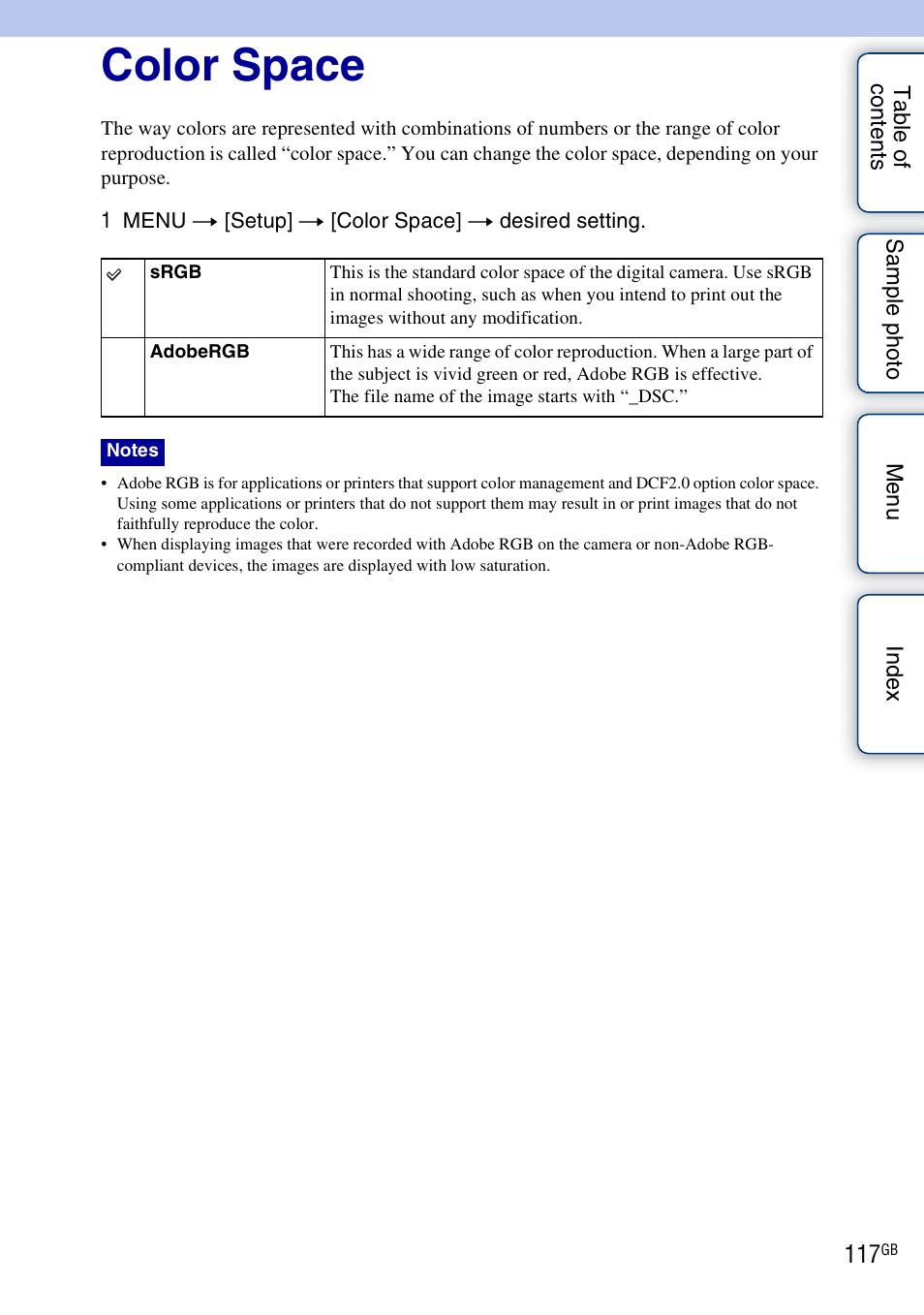 Color space | Sony NEX-5NK User Manual | Page 117 / 200