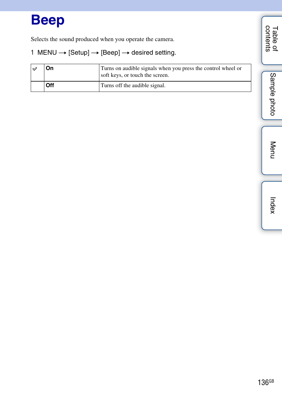 Beep | Sony NEX-5NK User Manual | Page 136 / 200