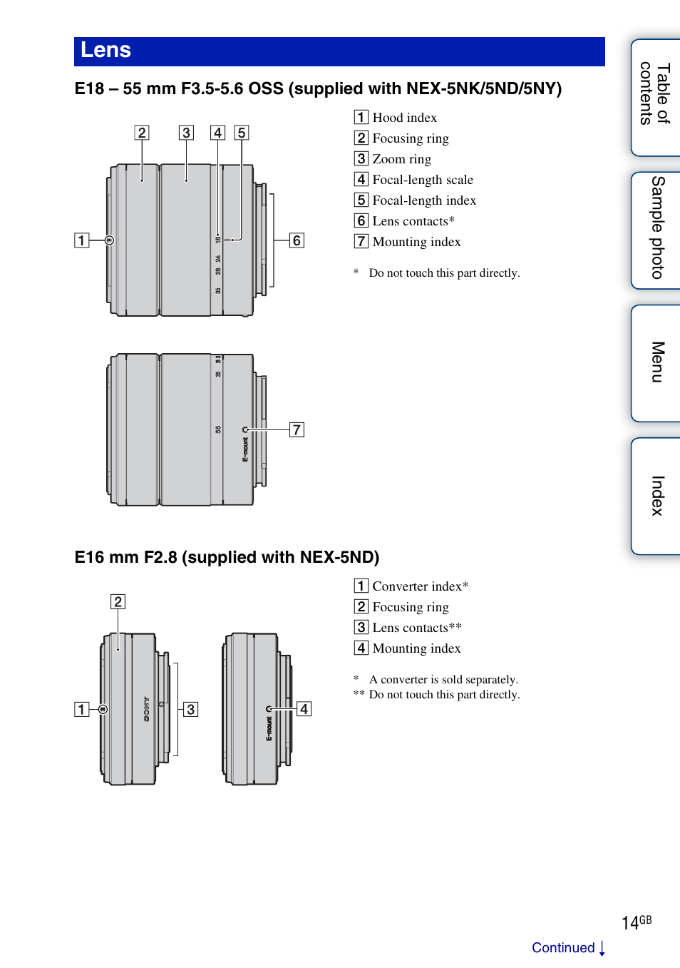 Lens | Sony NEX-5NK User Manual | Page 14 / 200
