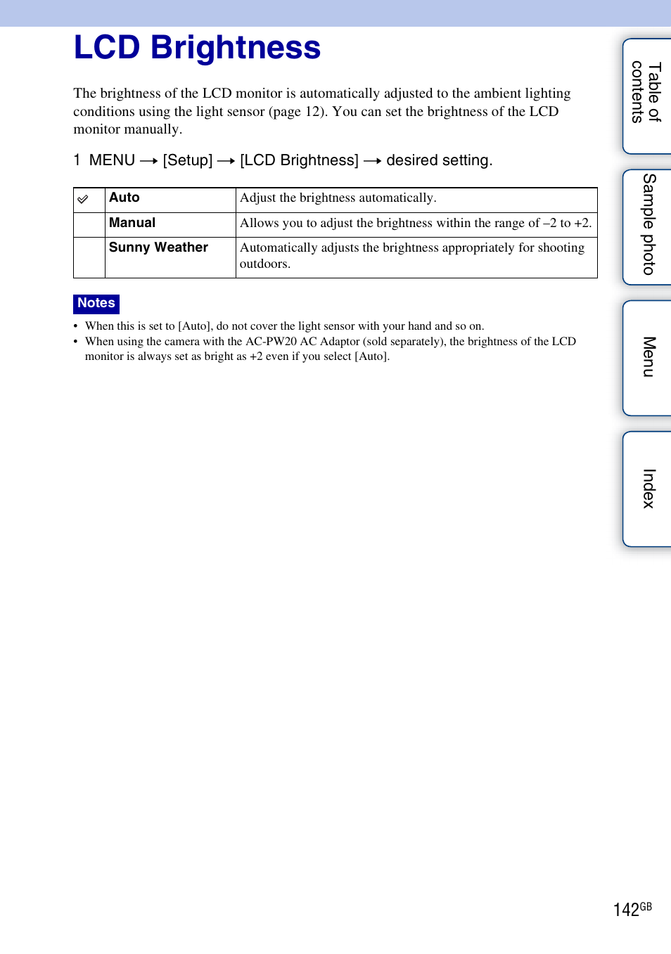 Lcd brightness | Sony NEX-5NK User Manual | Page 142 / 200